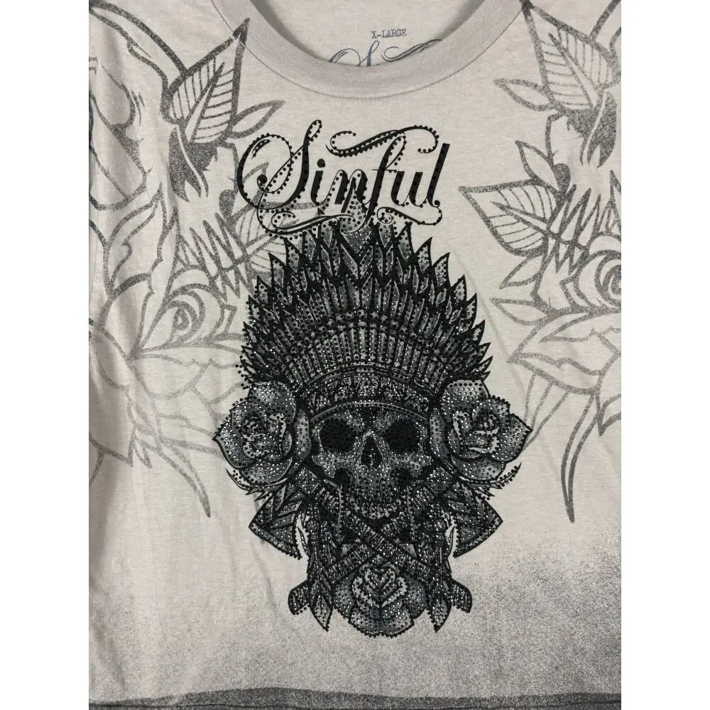 Sinful Affliction Cropped Top Women's XL Beige Thunder Sky Rhinestone Grunge